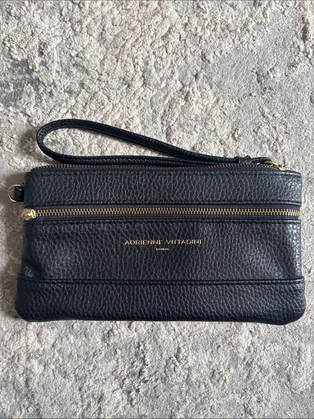 Adrienne Vittadini Black Leather Wristlet Clutch with Gold Hardware
